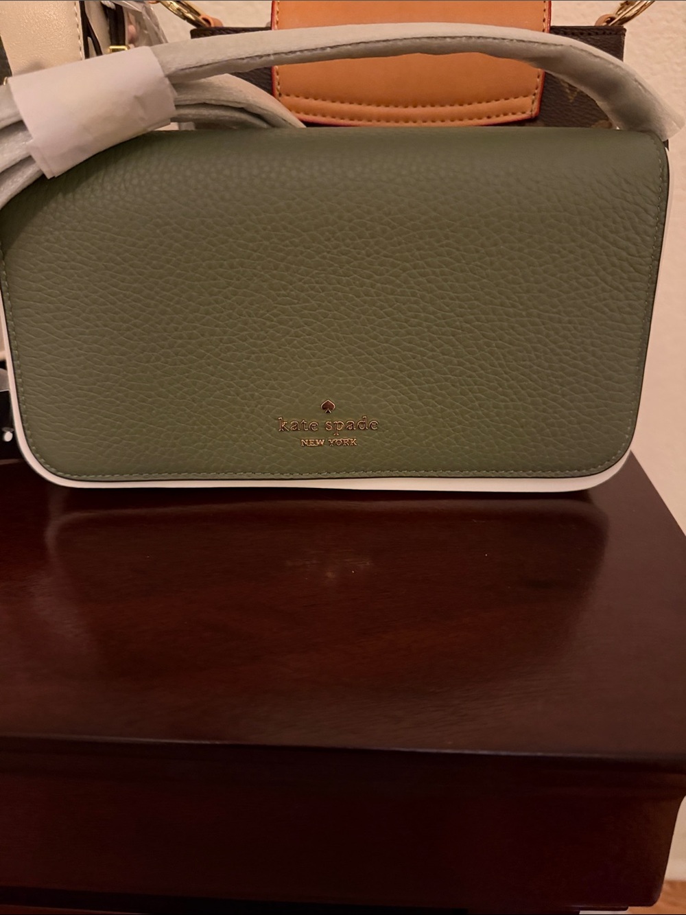 kate spade Olive Pebbled Leather Crossbody with White Trim